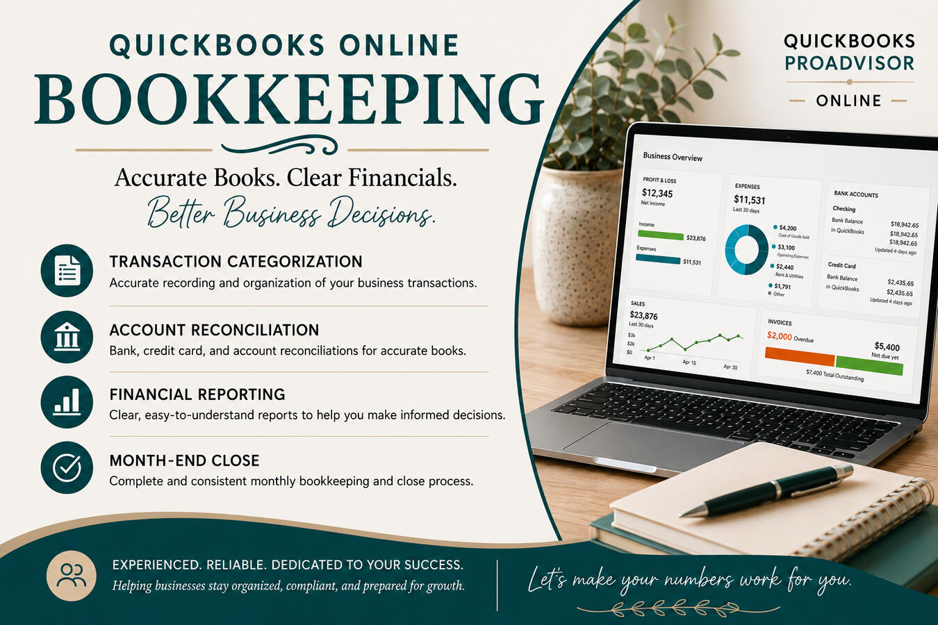 QuickBooks Online bookkeeping, reconciliations, financial reporting, and month-end close services